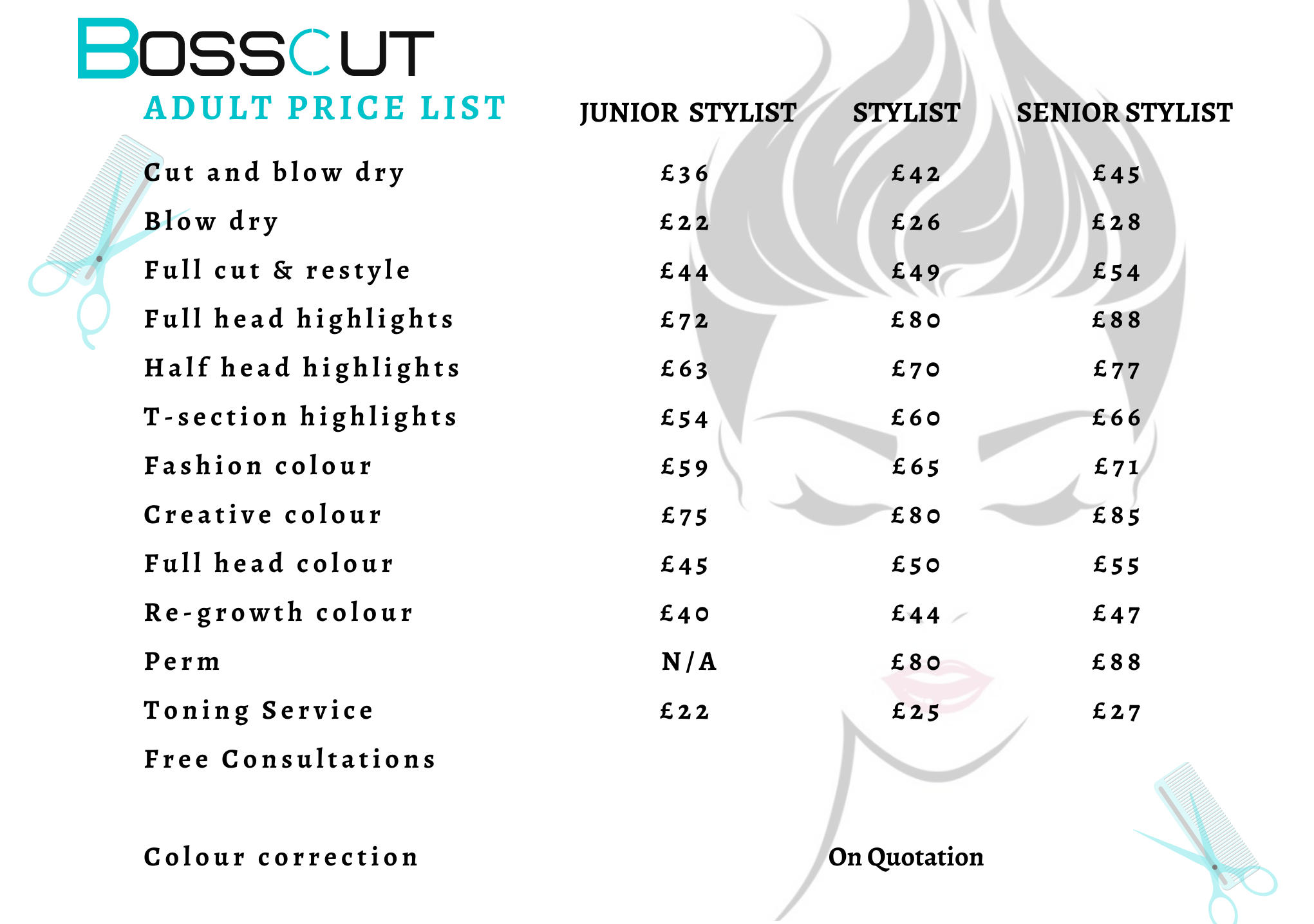 Bosscut Barbers and Hairdressers pricing